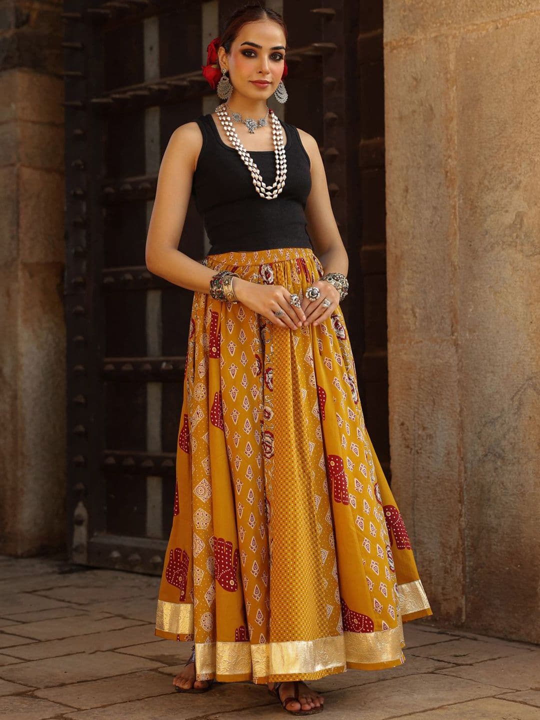 anayna Printed Cotton Flared Maxi Skirt - view 1