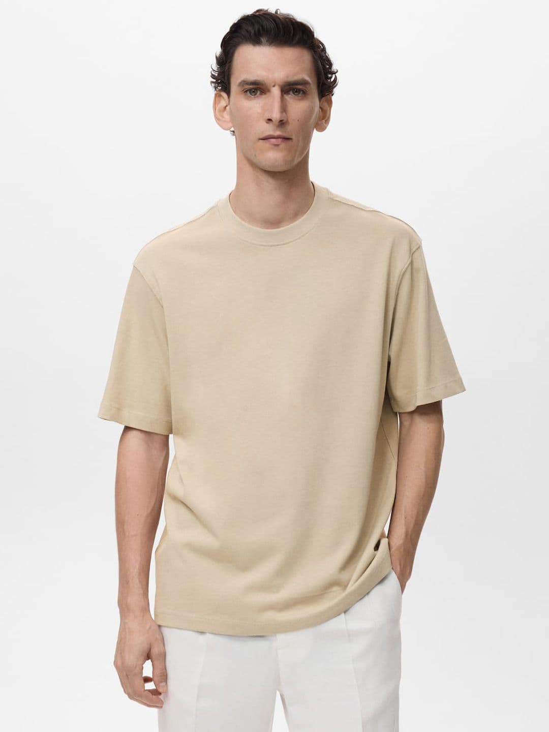 MANGO MAN Drop-Shoulder Sleeves Pure Cotton Relaxed Fit T-shirt - view 1
