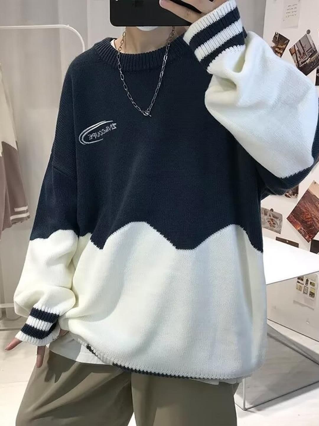 HERE&NOW Men Blue Round Neck Casual Cotton Solid Long Sleeves Pullover Sweaters