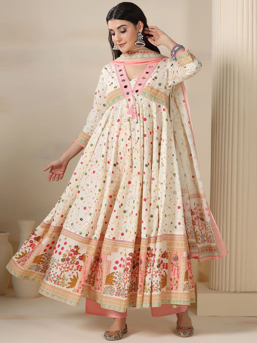 Mizaz Women Floral Printed Cotton Anarkali Kurta with Trousers & Dupatta - view 1