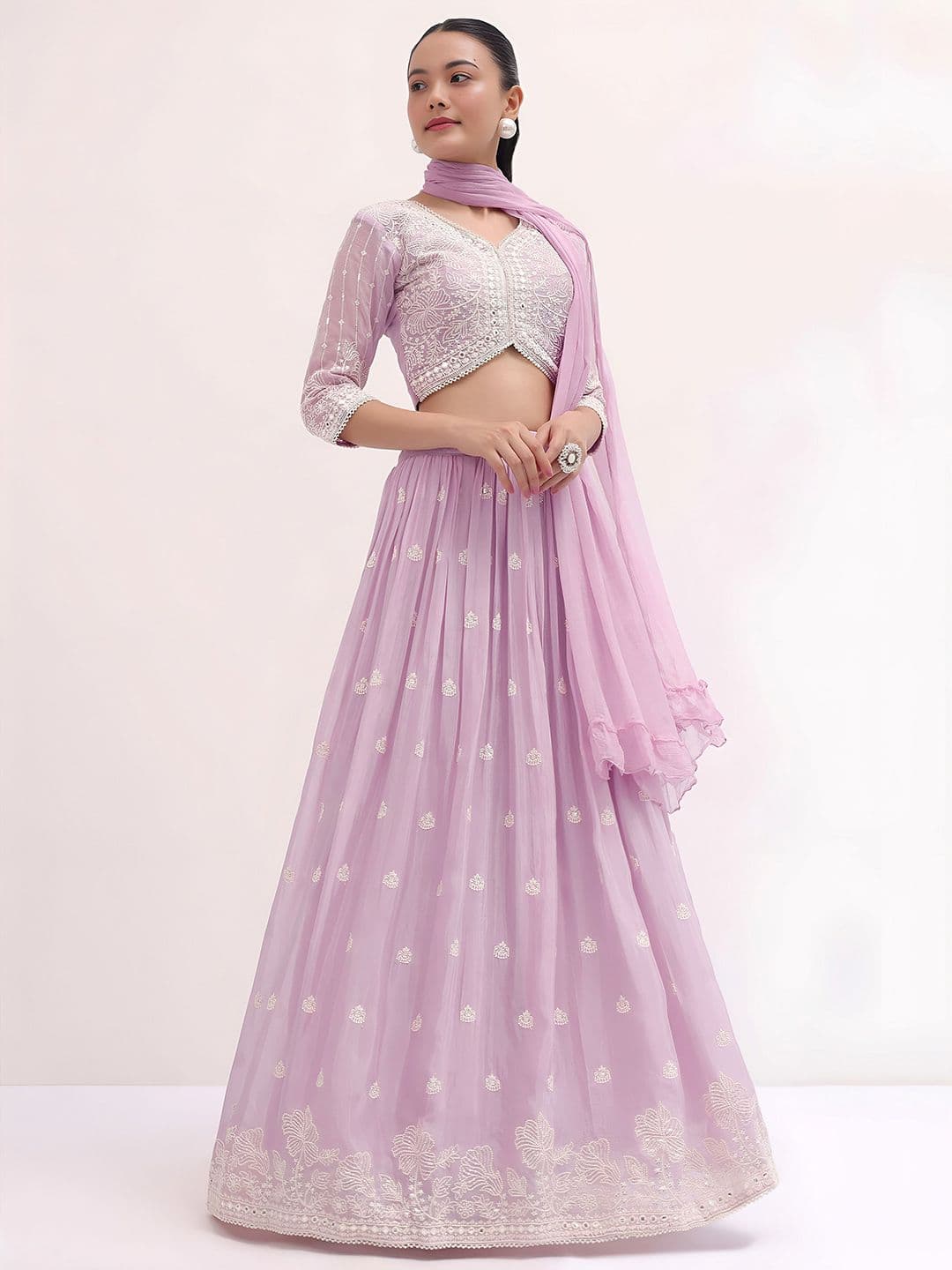 ETHNIC PLUS Pink Embroidered Sequinned Georgette Semi-Stitched Lehenga & Blouse With Dupatta - view 1
