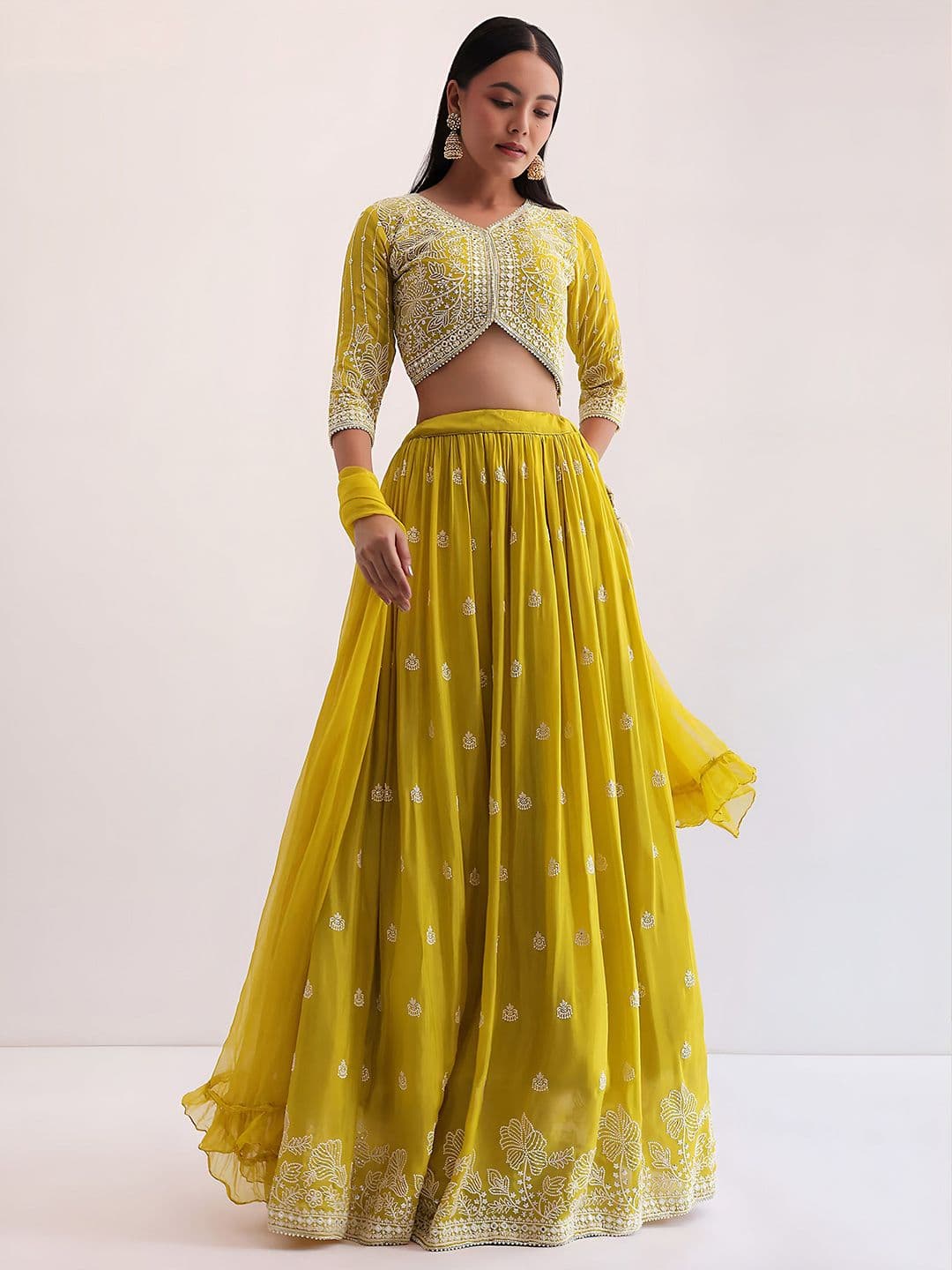 ETHNIC PLUS Yellow Embroidered Sequinned Georgette Semi-Stitched Lehenga & Blouse With Dupatta - view 1