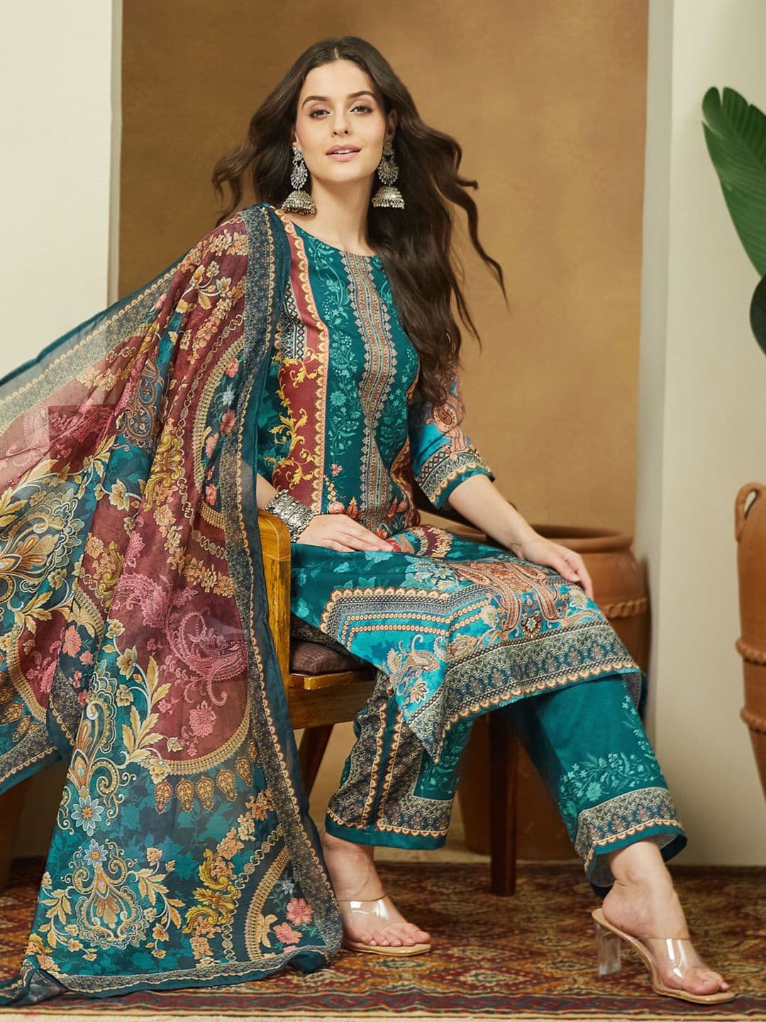 Janasya Women Blue Ethnic Motifs Printed Kurta & Trouser With Dupatta Cotton Set - view 1