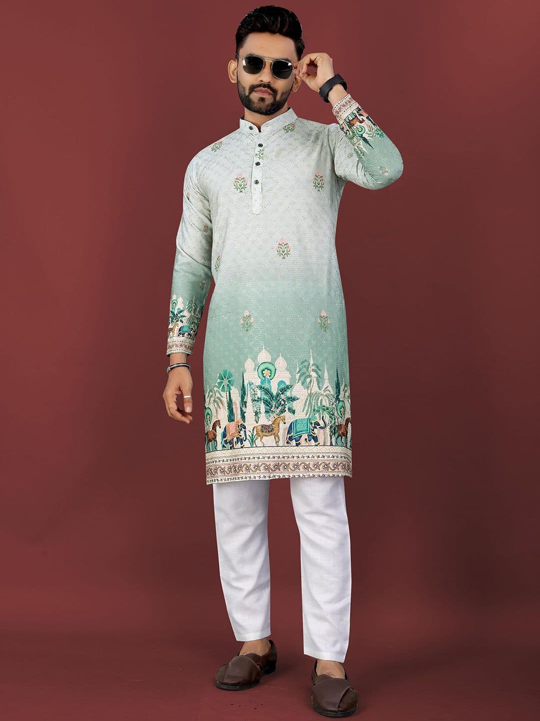 LADY BERRY Men Ethnic Motifs Printed Thread Work Band Collar Kurta - view 1