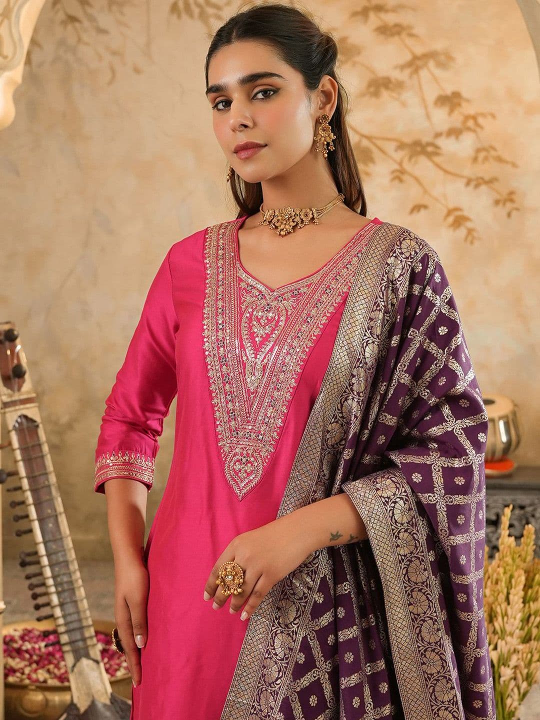 Indo Era Embroidered Sequinned Kurta With Trousers & Dupatta - view 1
