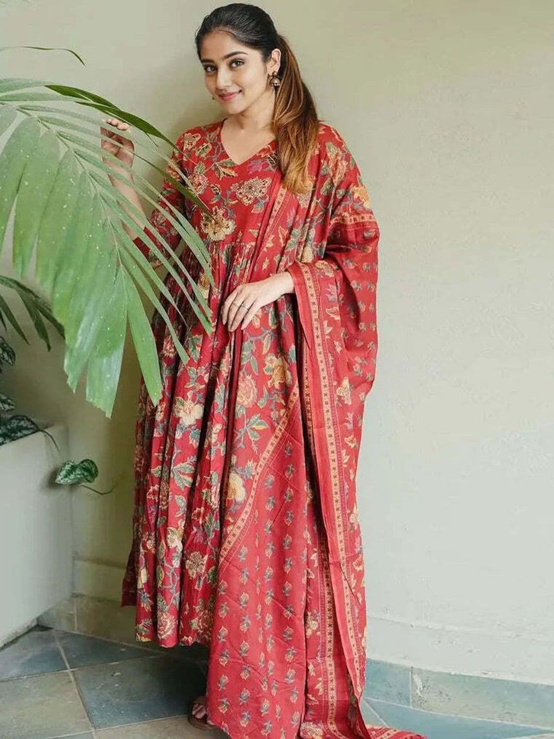 KULDEVYANI Floral Printed V-Neck Pure Cotton Anarkali Kurta With Trousers & Dupatta - view 1