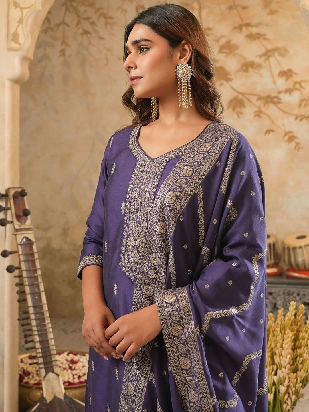 Indo Era Floral Embroidered Round Neck Zari Straight Kurta & Trousers With Dupatta - view 1