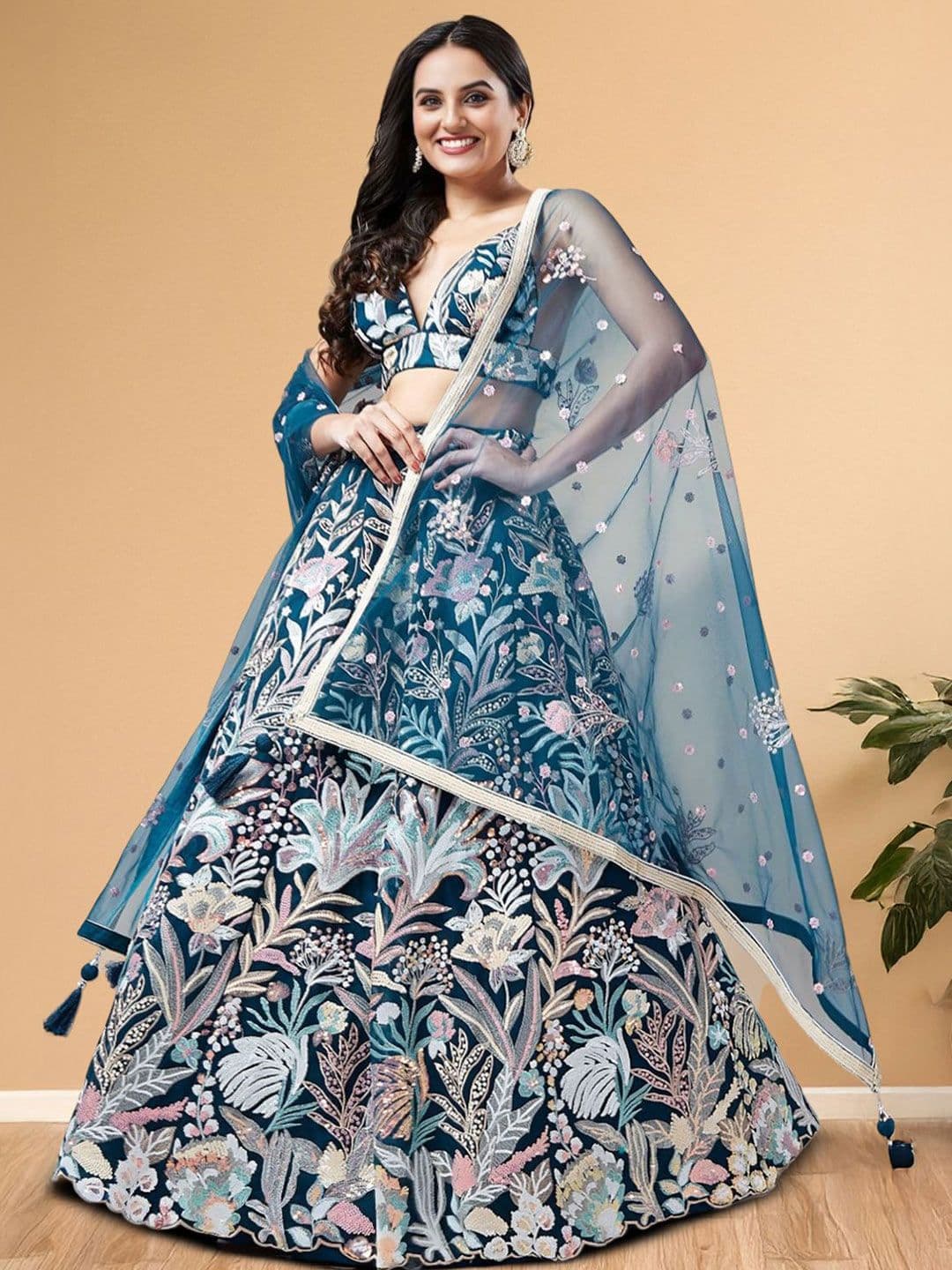 ETHNIC PLUS Blue Embroidered Sequinned Semi-Stitched Net Lehenga & Blouse With Dupatta - view 1