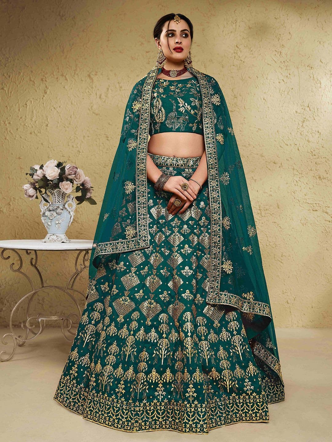 ETHNIC PLUS Green Embroidered Sequinned Semi-Stitched Silk Lehenga & Blouse With Dupatta - view 1