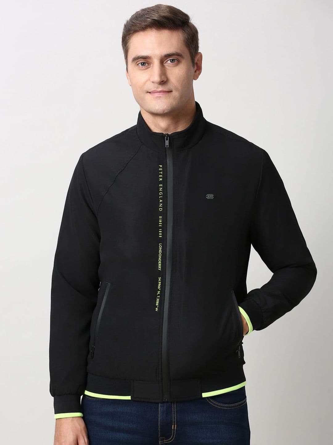 Peter England Casuals Men Stand Collar Solid Bomber Jacket - view 1