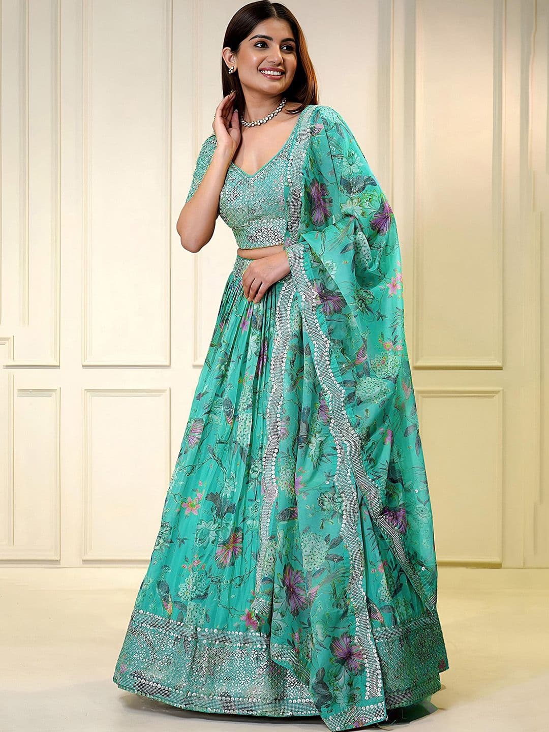 ETHNIC PLUS Blue Embroidered Sequinned Semi-Stitched Organza Lehenga & Blouse With Dupatta - view 1