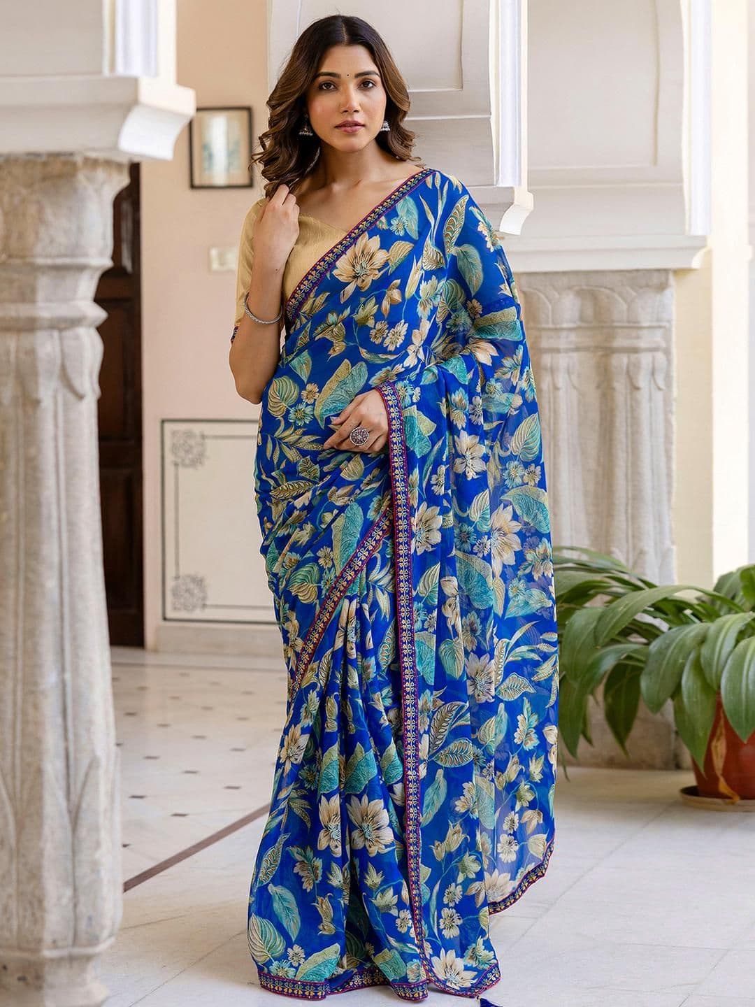 KALINI Blue Poly Chiffon Printed Sarees - view 1
