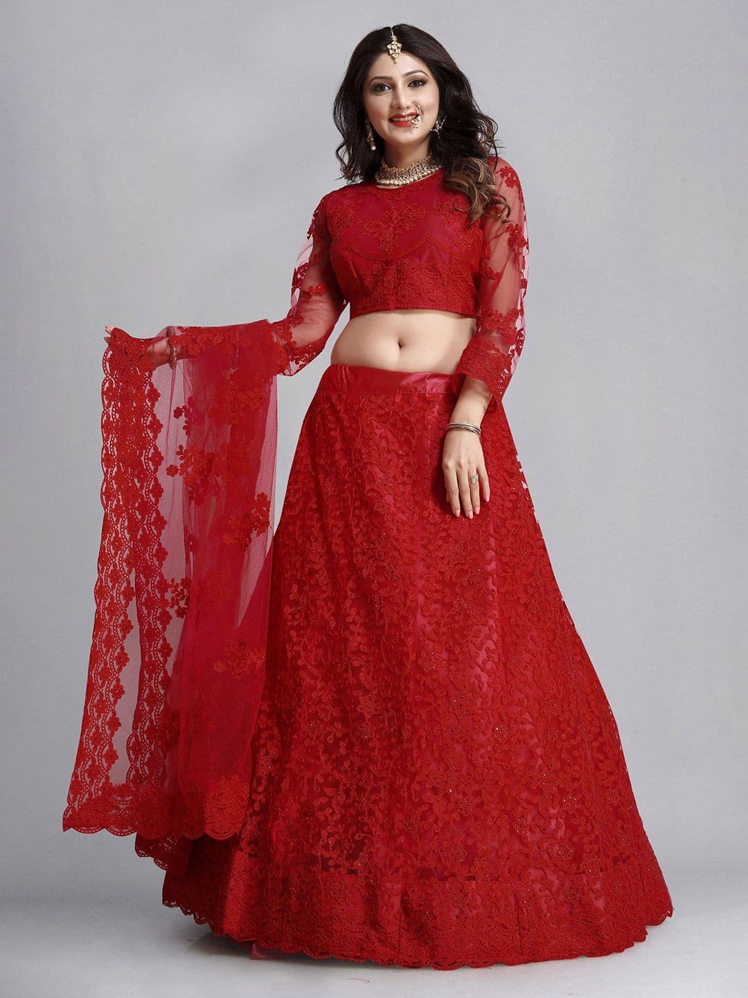 Warthy Ent Embroidered Thread Work Semi-Stitched Net Lehenga & Blouse With Dupatta - view 1