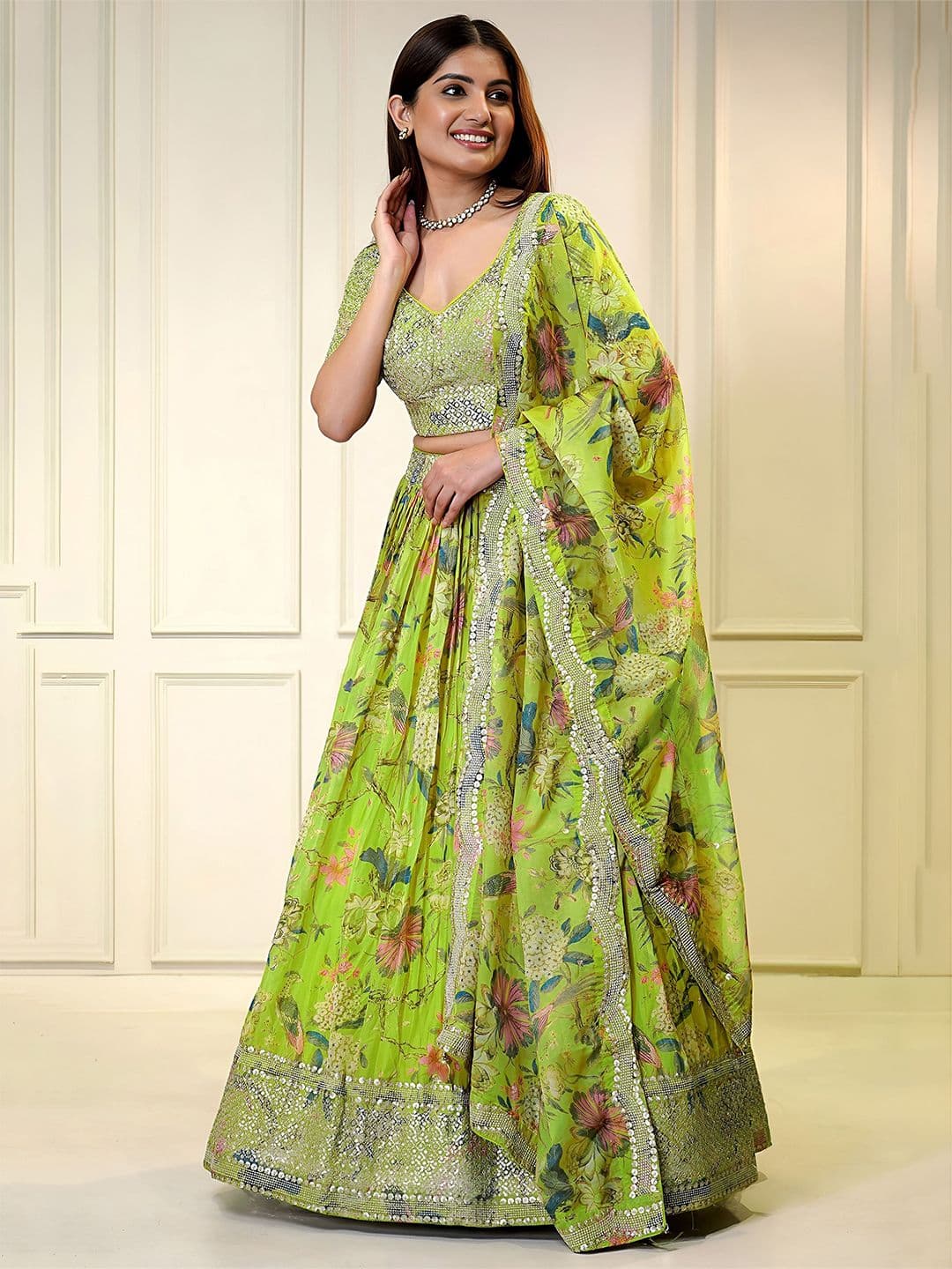 ETHNIC PLUS Embroidered Sequinned Semi-Stitched Organza Lehenga & Blouse With Dupatta - view 1