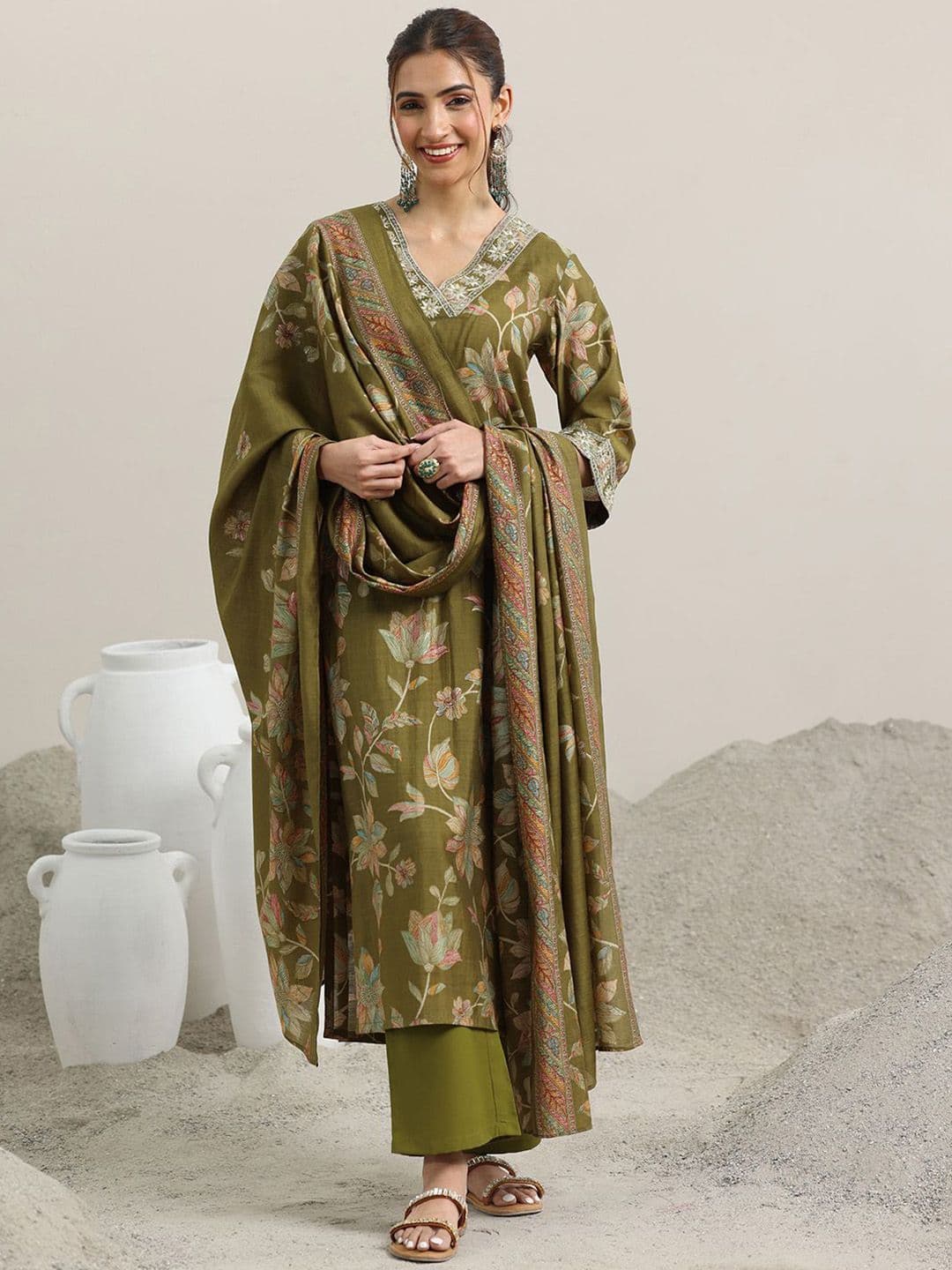 Libas Floral Printed V Neck Thread Work Straight Kurta With Trousers & Dupatta - view 1