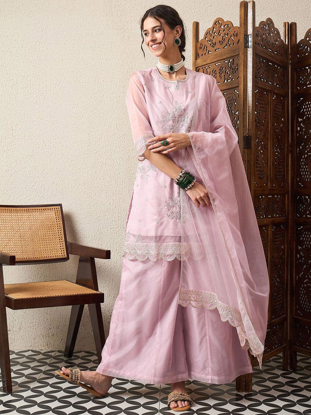 House of Pataudi Women Floral Embroidered Kurta with Palazzo & Dupatta - view 1