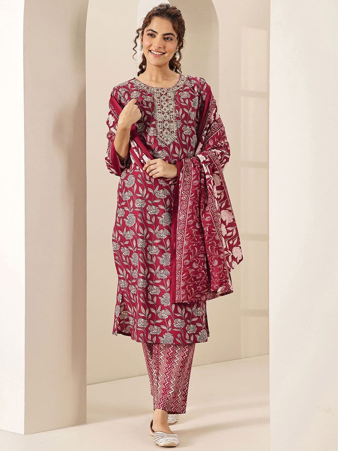 Libas Women Floral Printed Regular Sequinned Kurta with Trousers & Dupatta - view 1