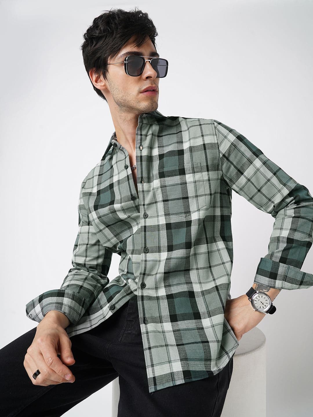 VASTRADO Men Classic Slim Fit Checked Cutaway Collar Cotton Casual Shirt - view 1