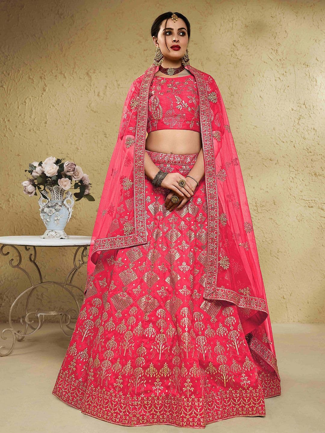 ETHNIC PLUS Peach Embroidered Sequinned Semi-Stitched Silk Lehenga & Blouse With Dupatta - view 1