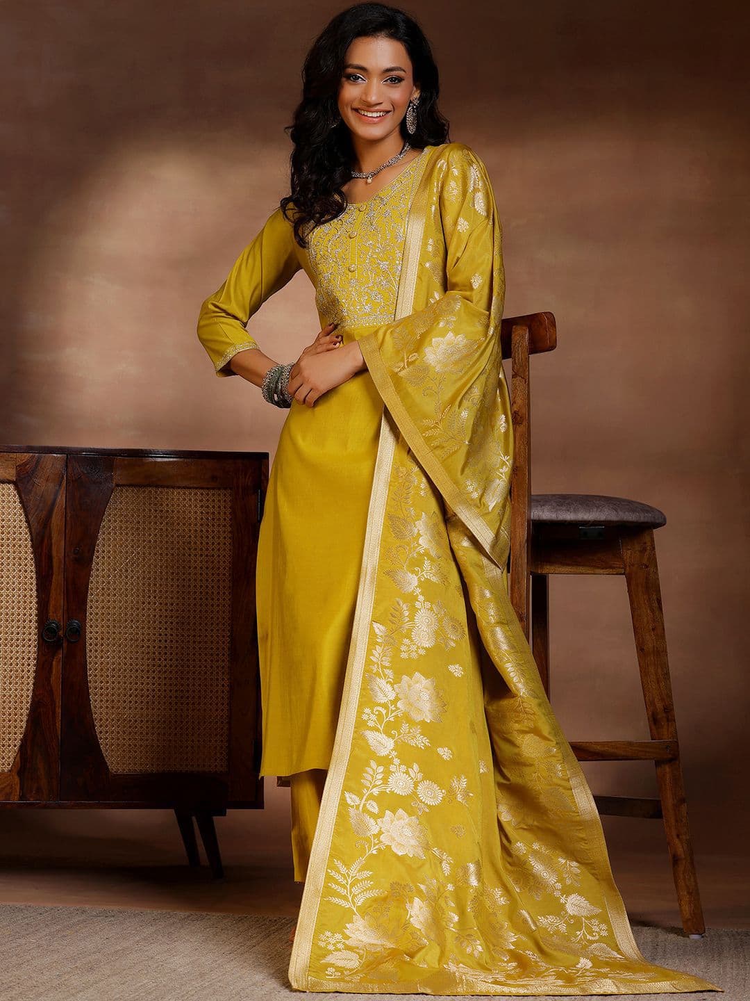 Libas Floral Yoke Design Round Neck Zari Straight Kurta & Trousers With Dupatta - view 1