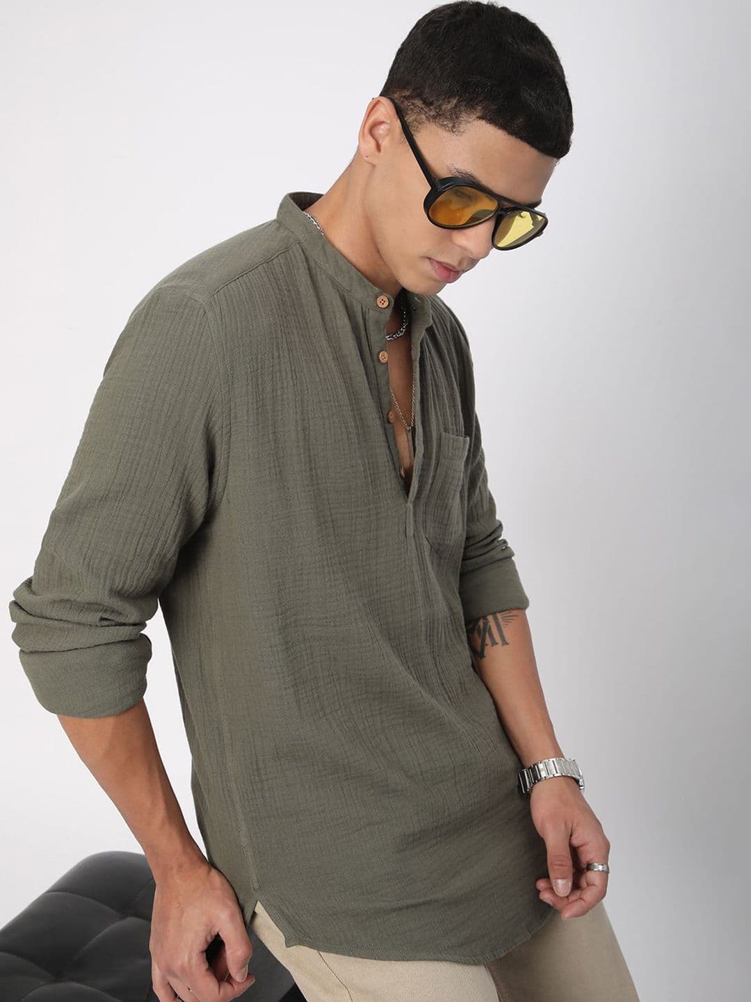 VASTRADO Band Collar Double Cloth Crinkled Pure Cotton Kurta - view 1