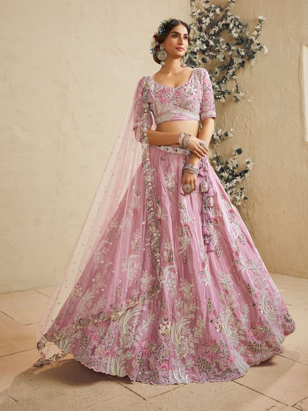 panchhi Pink Embroidered Beads and Stones Satin Semi-Stitched Lehenga & Blouse With Dupatta - view 1