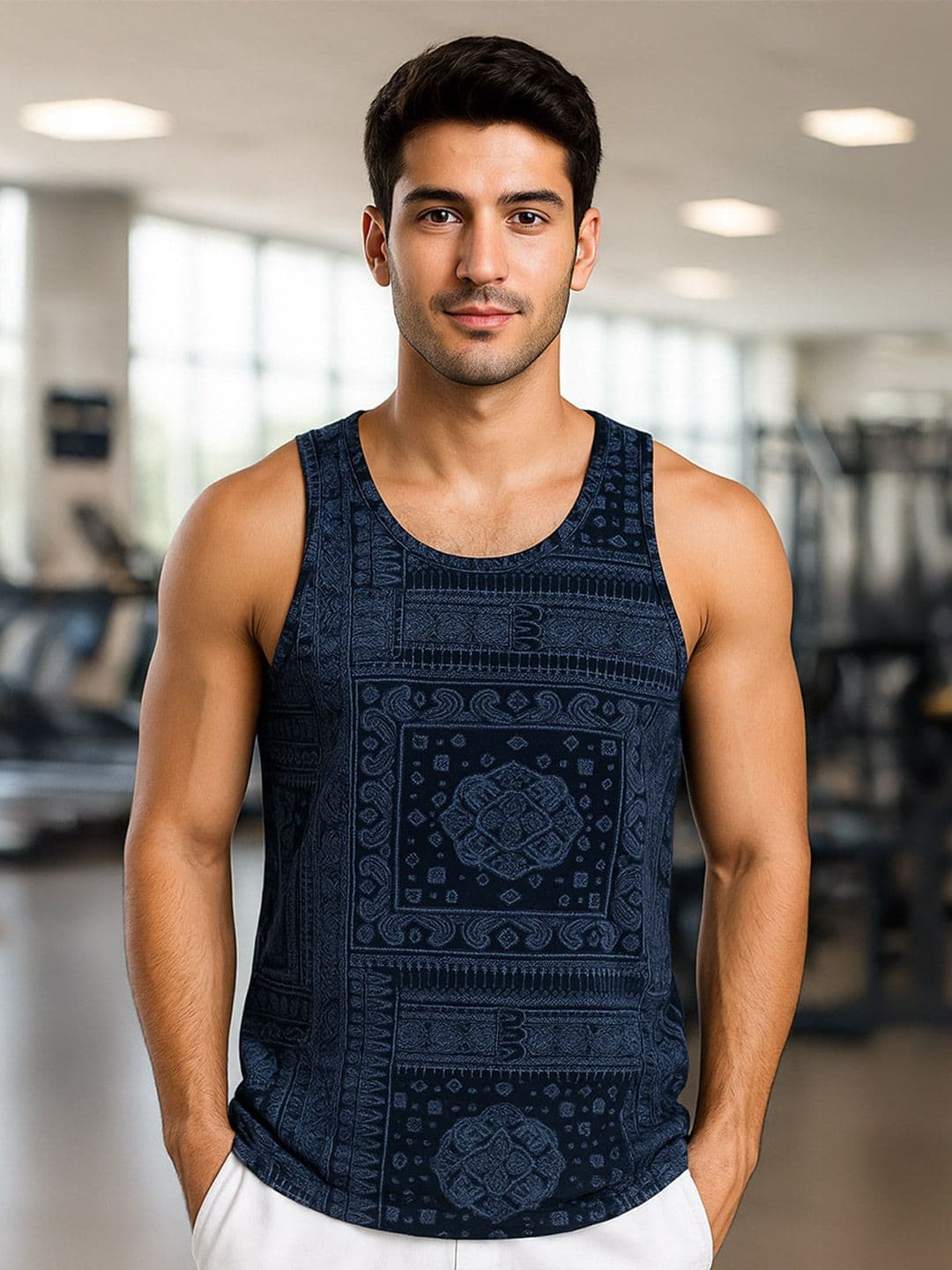 VEIRDO Navy Blue Ethnic Printed Sleeveless Pure Cotton T-shirt - view 1