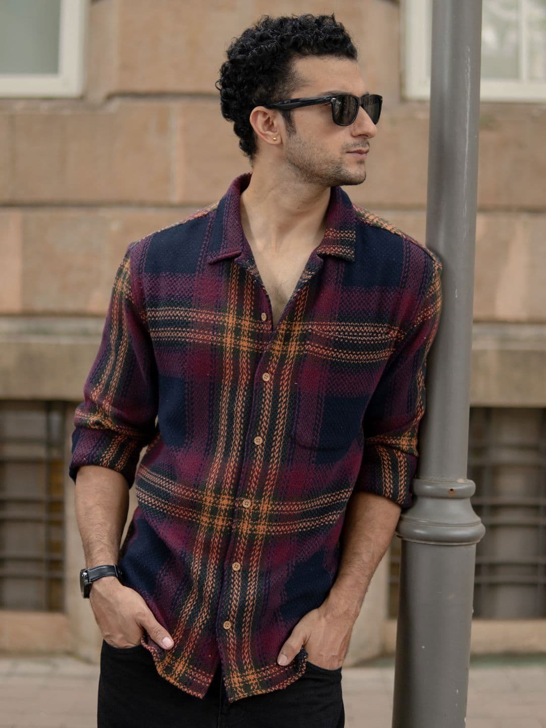 Powerlook Tartan Checked Spread Collar Structured Casual Shirt - view 1
