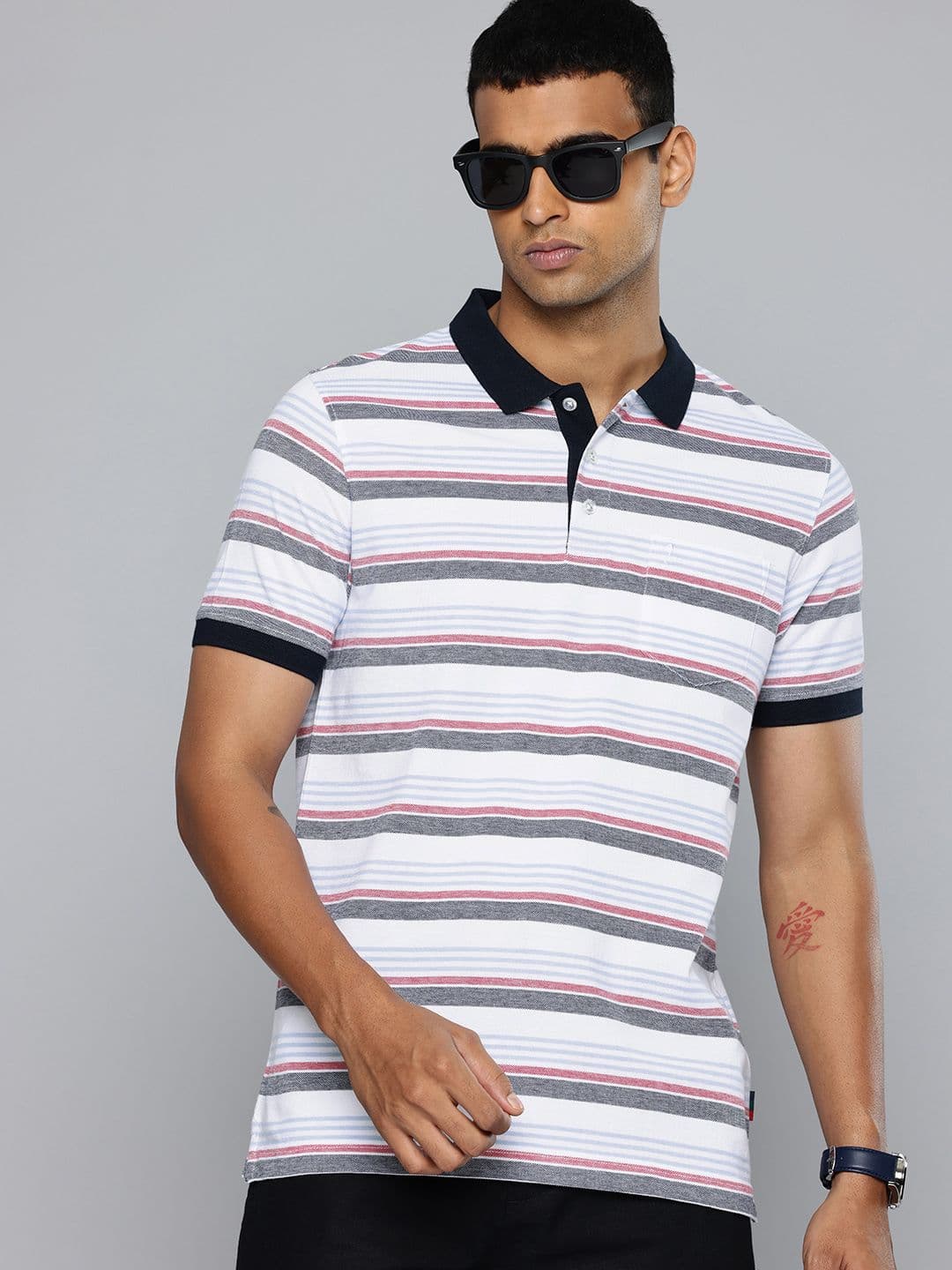Indian Terrain Striped Polo Collar Pure Cotton Pocket T-shirt - view 1