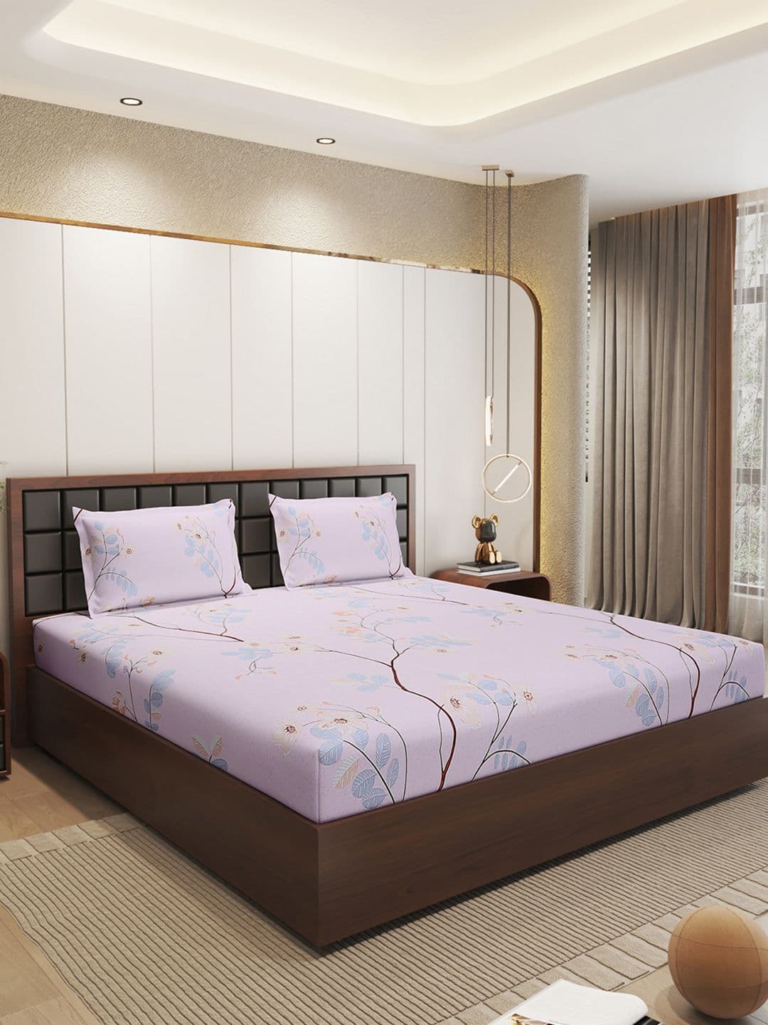 Status Pink & Green Floral Microfiber 210 TC Fitted Double Queen Bedsheet Set-1.98mx1.82m - view 1