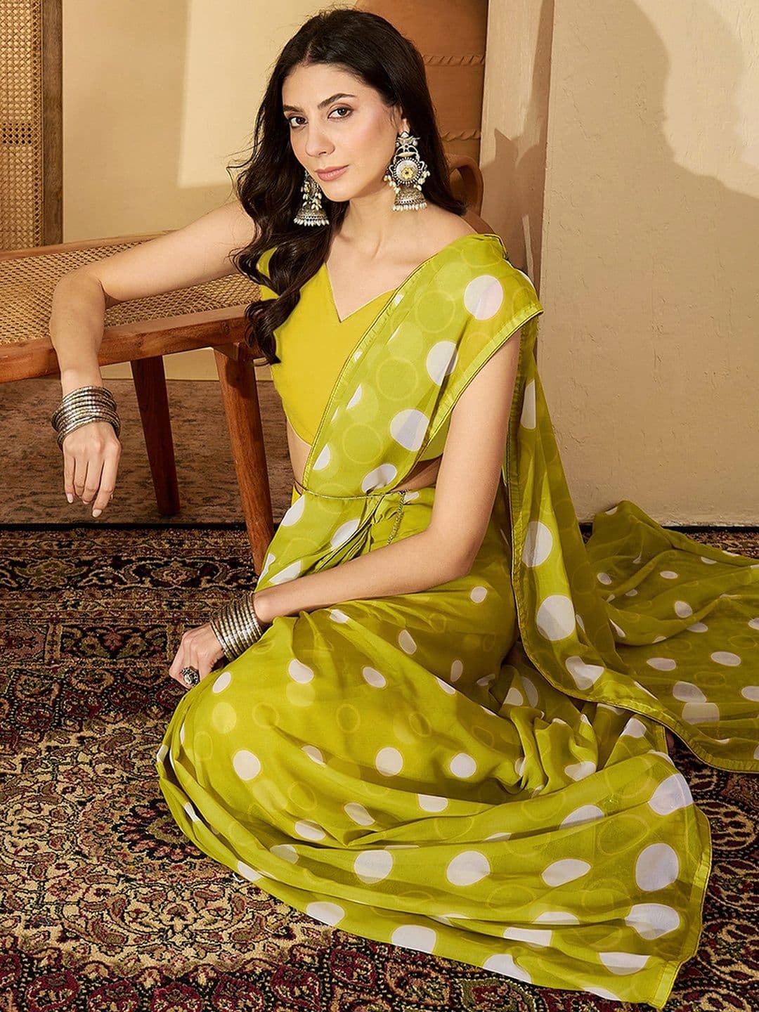 Sangria Green Poly Georgette Printed Ready to Wear Saree - view 1