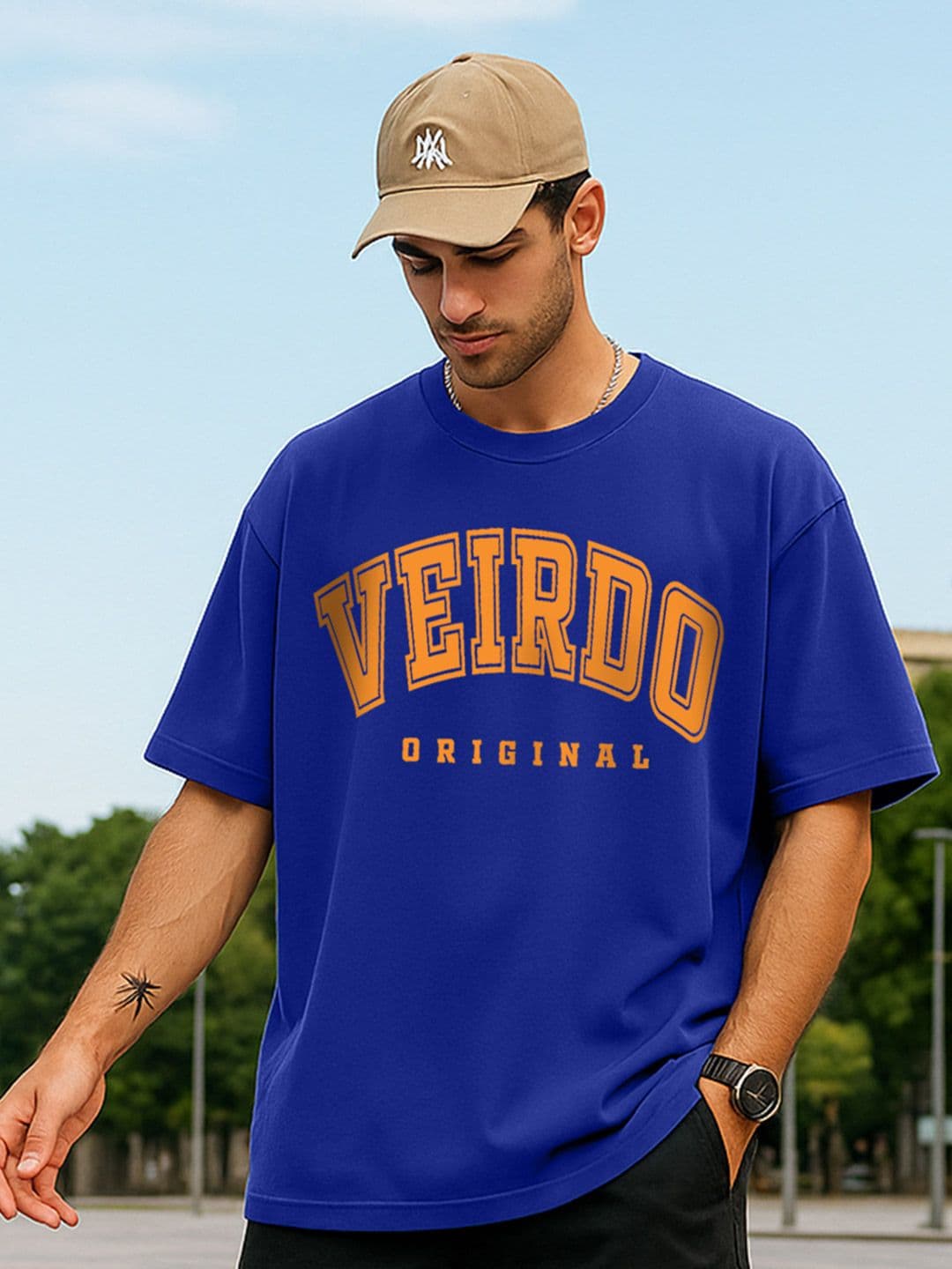 VEIRDO Men Royal Blue Typography Printed Round Neck Pure Cotton Oversized T-shirt - view 1