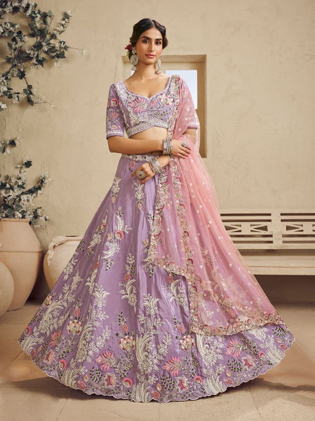 panchhi Sequinned Embroidered Beads And Stones Satin Lehenga Choli With Dupatta - view 1