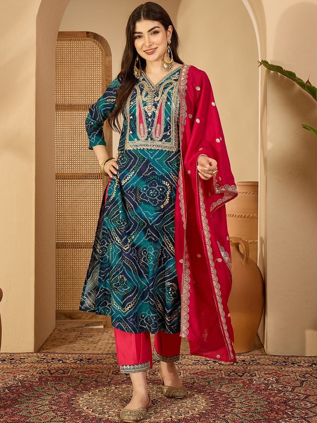 Sangria Women Embroidered Viscose Rayon Kurta Sets With Dupatta - view 1