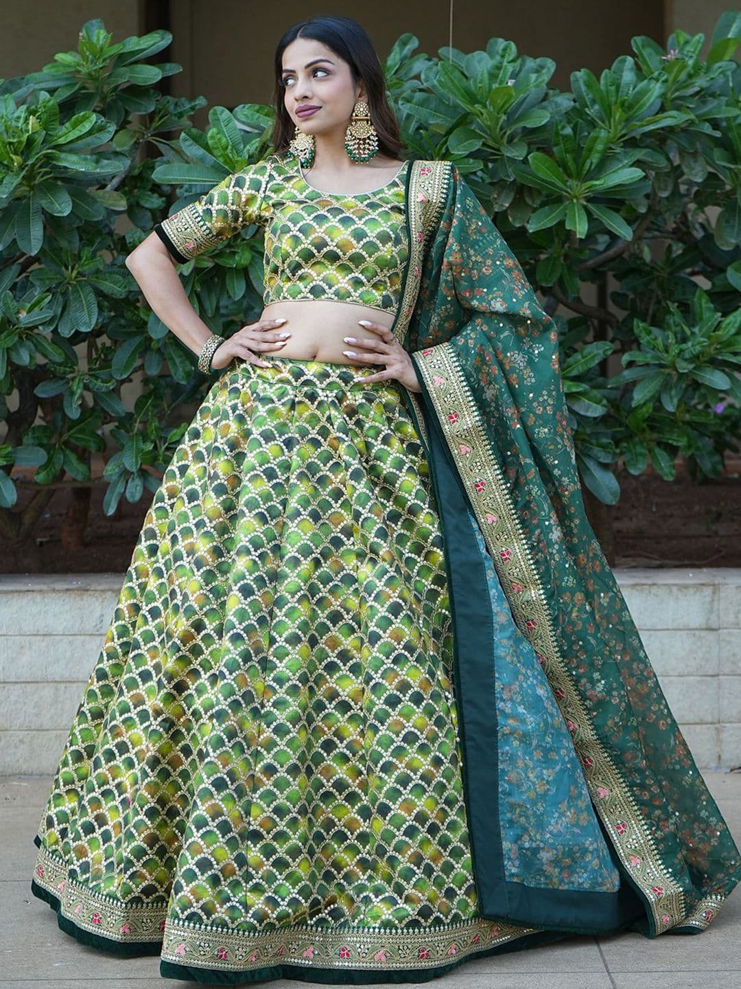 ETHNIC PLUS Sequinned Embroidered Silk Lehenga Choli With Dupatta - view 1