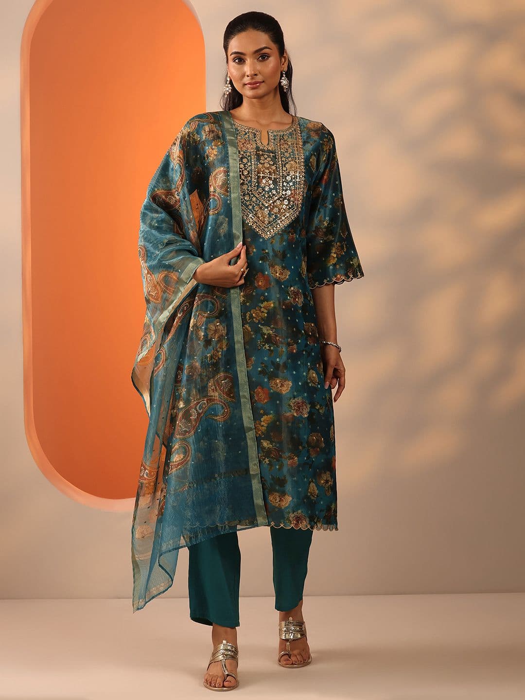Libas Floral Printed Sequinned Straight Kurta With Trousers & Dupatta - view 1