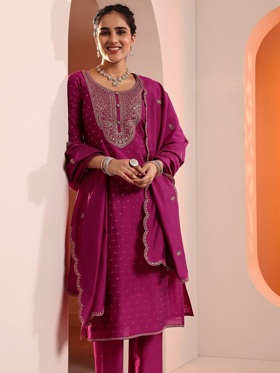 Libas Floral Yoke Design Thread Work Straight Kurta With Trousers And Dupatta - view 1
