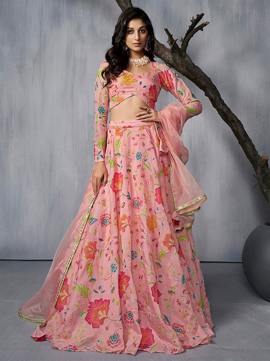 ETHNIC PLUS Printed Sequinned Semi-Stitched Lehenga & Unstitched Blouse With Dupatta - view 1