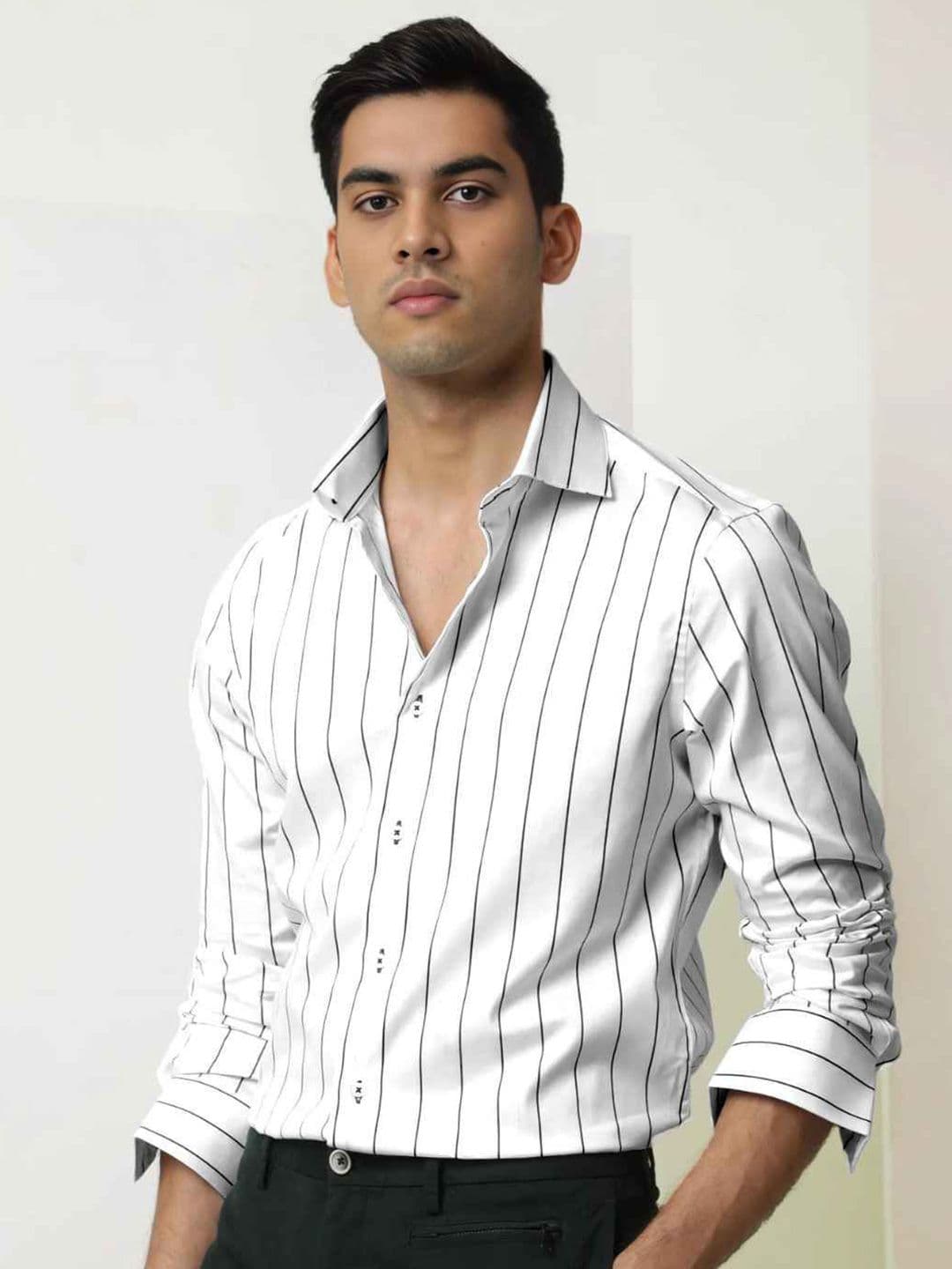 MISCHIEF MONKEY Men Classic Tailored Fit Vertical Striped Pure Cotton Casual Shirt - view 1
