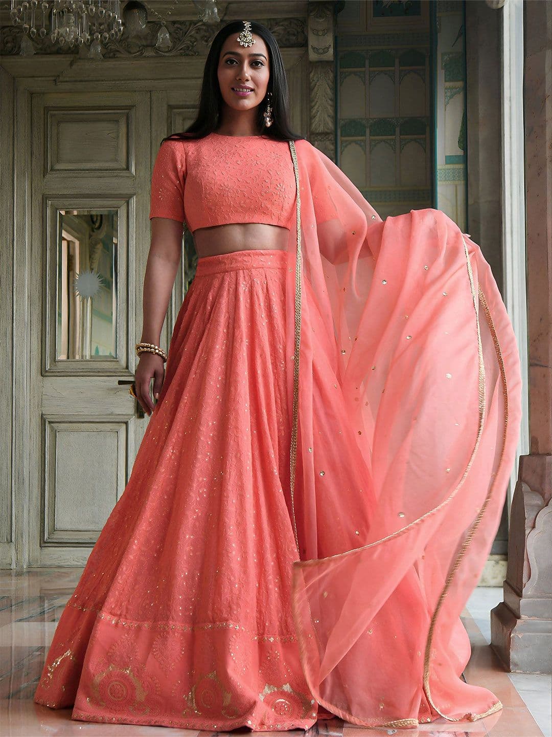 ETHNIC PLUS Sequinned Embroidered Thread Work Lehenga Choli With Dupatta - view 1