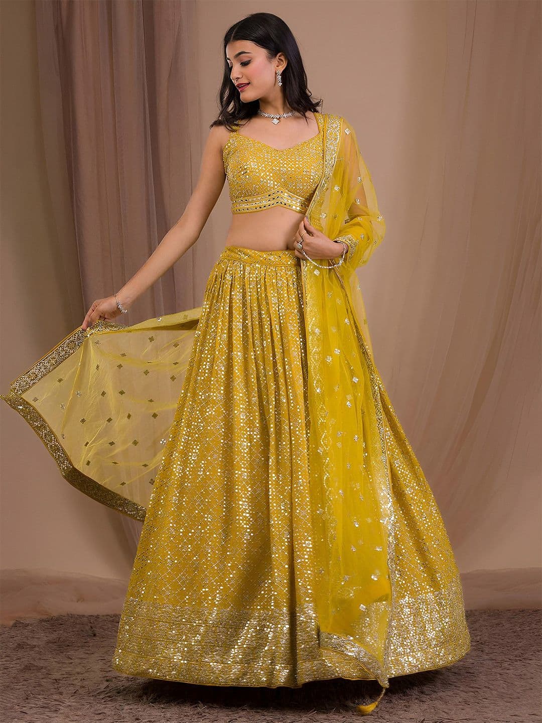 ETHNIC PLUS Sequinned Embroidered Lehenga Choli With Dupatta - view 1