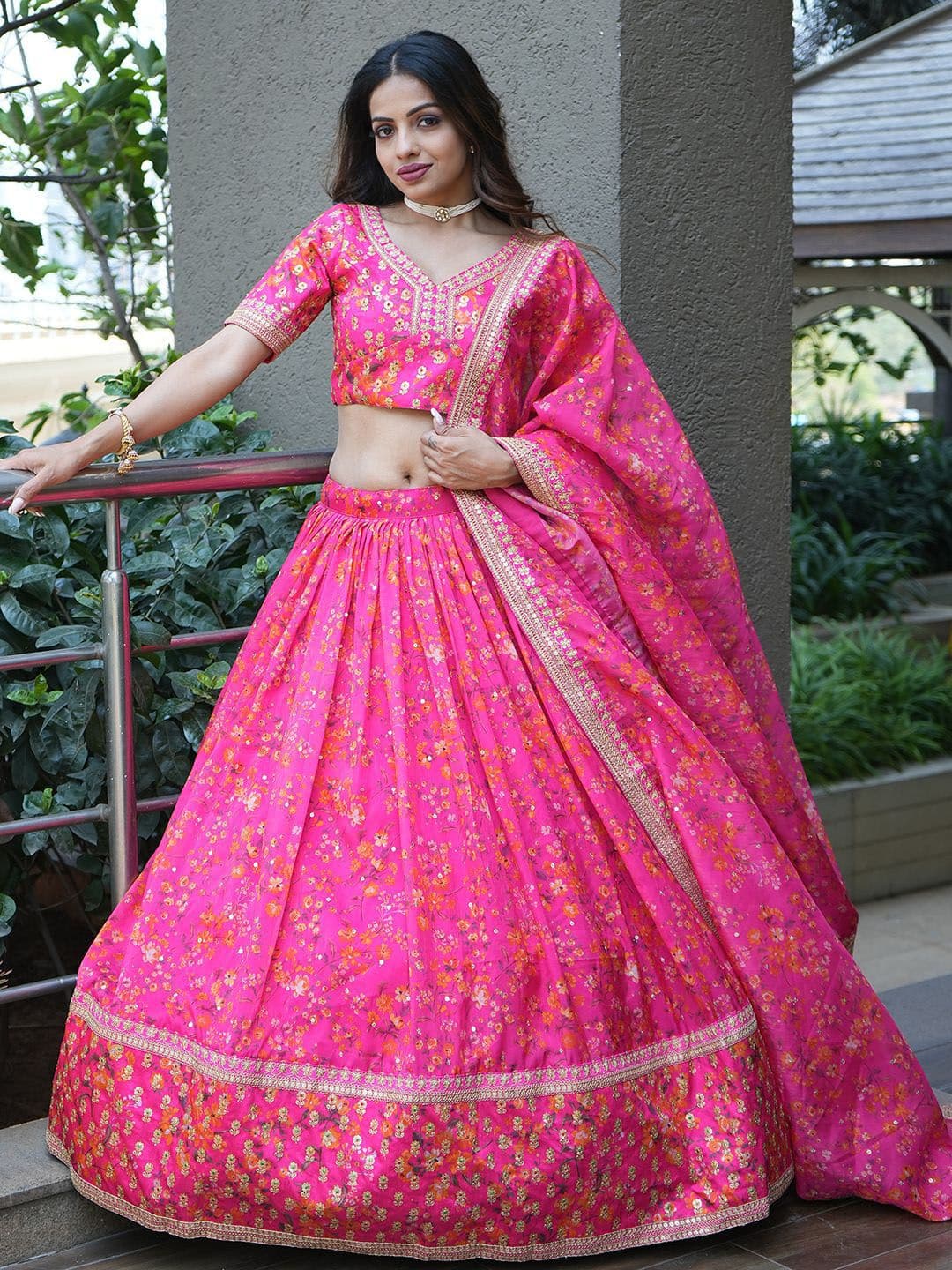 ETHNIC PLUS Sequinned Embroidered Organza Lehenga Choli With Dupatta - view 1