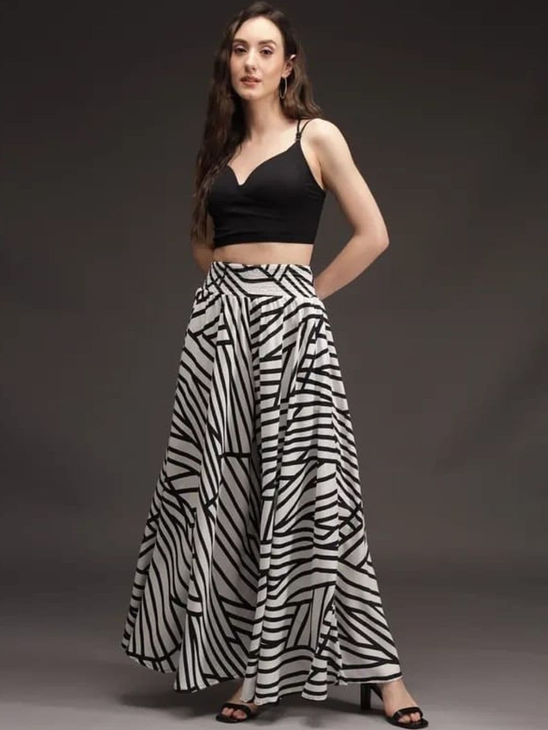 Pink Formal Women White & Black Geometric Zebra Print Crepe Palazzos - view 1