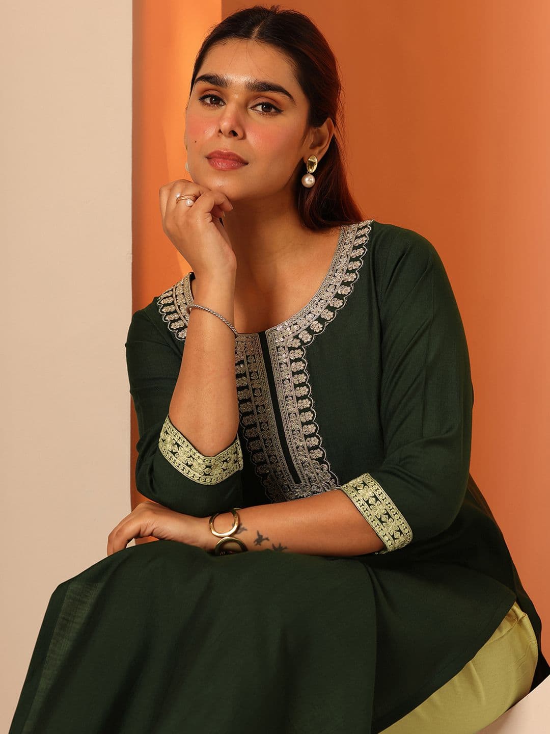 Gerua By Libas Floral Embroidered Round Neck Straight Thread Work Pure Silk Kurta - view 1