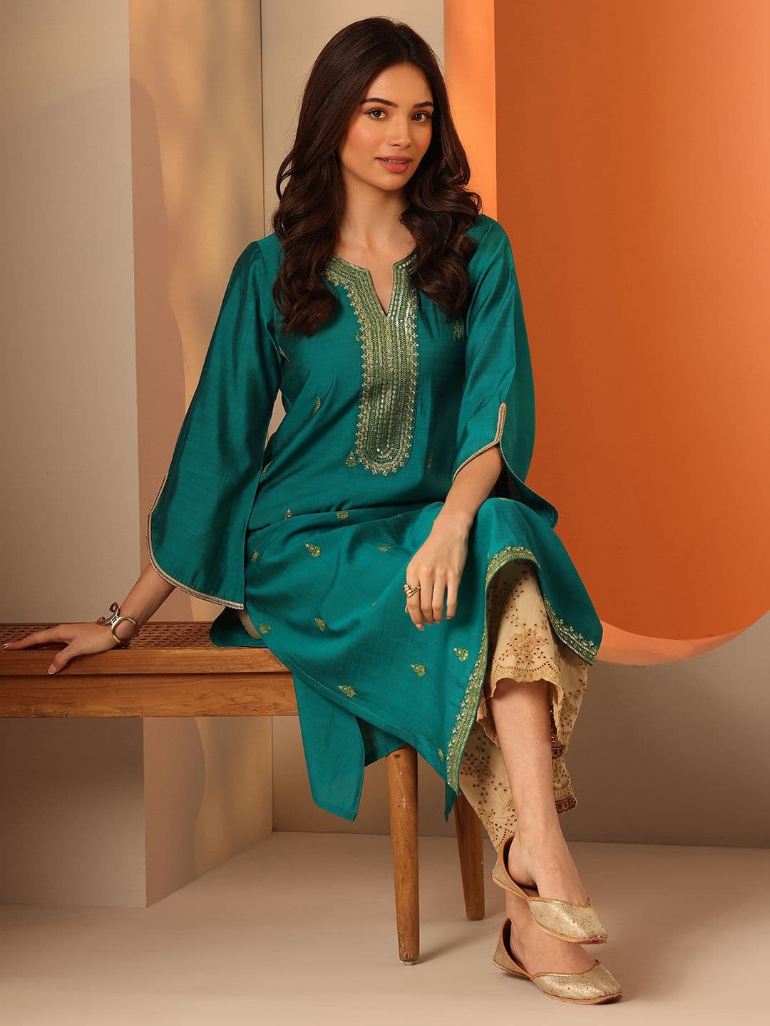 Libas Women Ethnic Motifs Embroidered Fusion Silk Straight Kurta - view 1