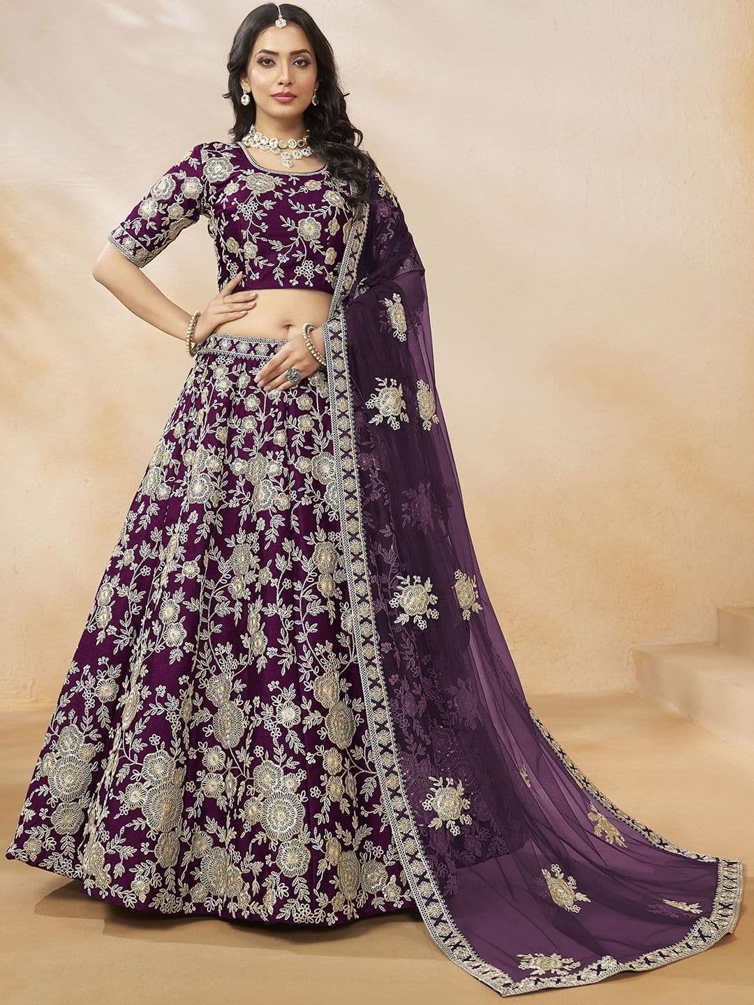 ETHNIC PLUS Sequinned Embroidered Silk Lehenga Choli With Dupatta - view 1