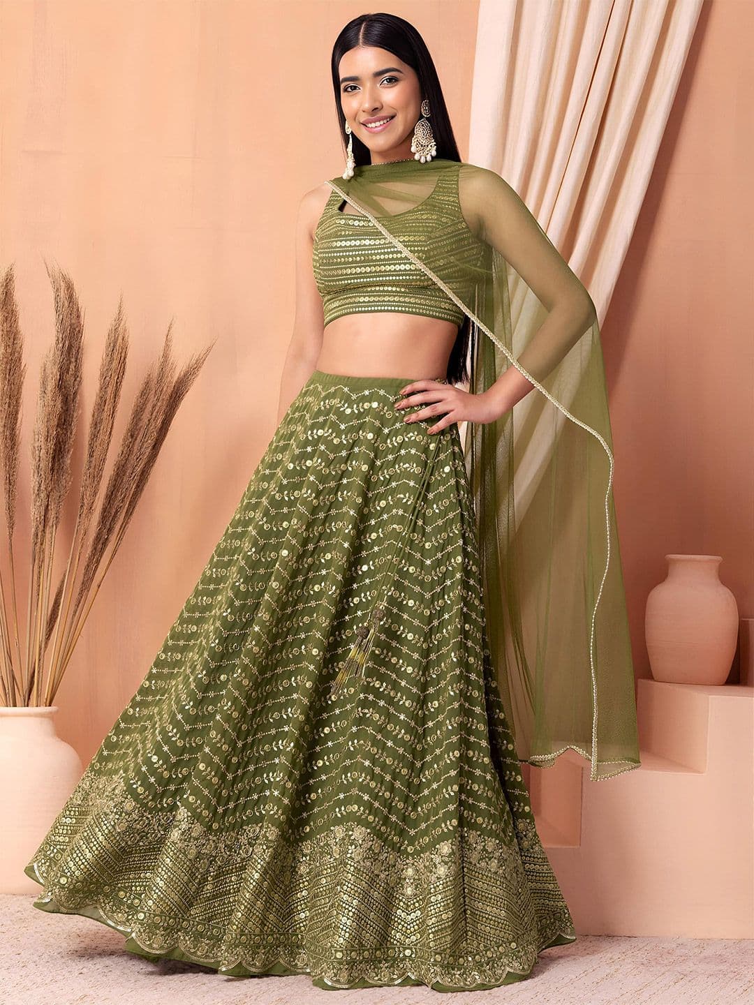 ETHNIC PLUS Embroidered Sequinned Semi-Stitched Lehenga & Unstitched Blouse With Dupatta - view 1