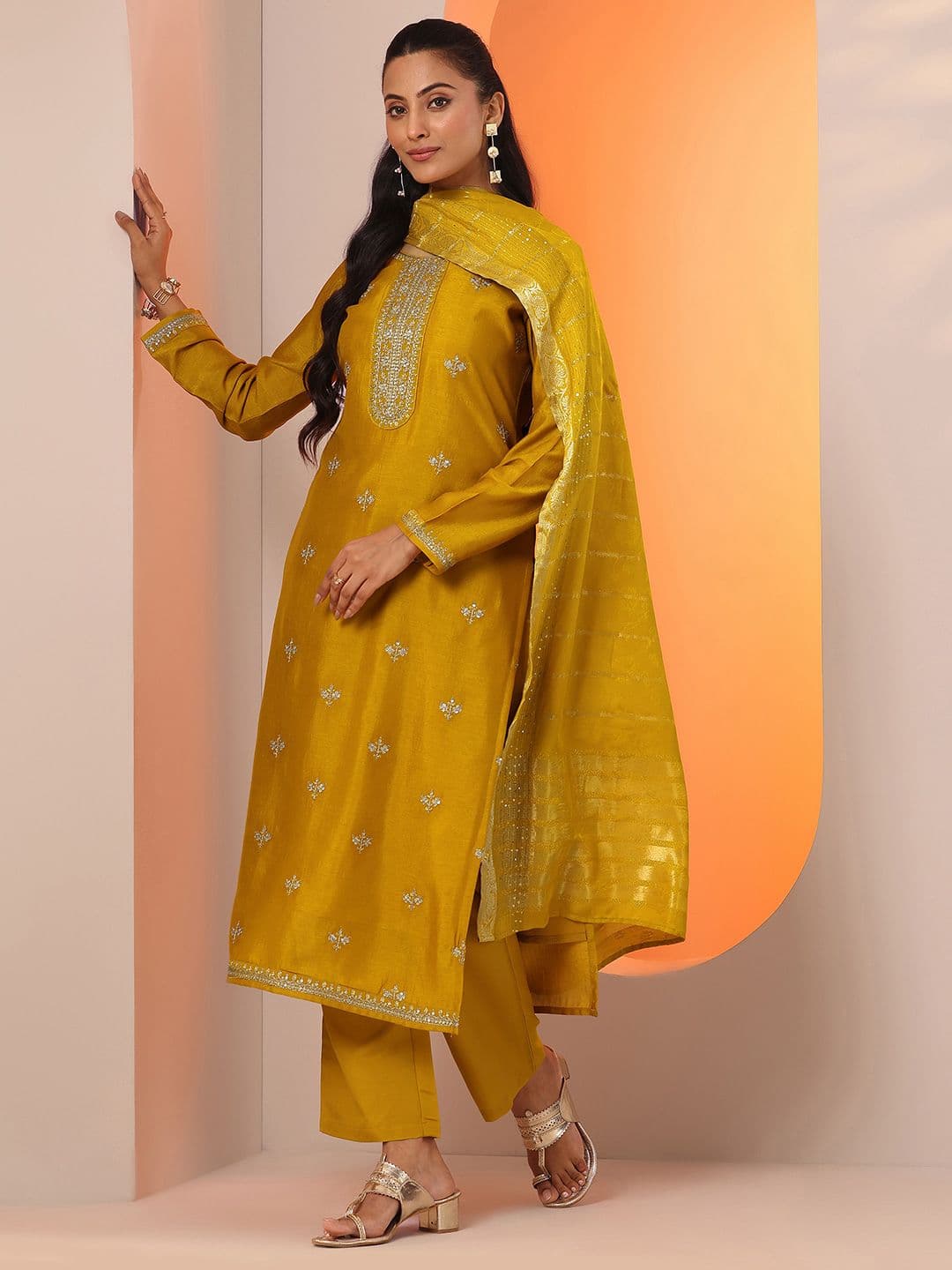 Libas Floral Embroidered Sequinned Round Neck Kurta With Trousers & Dupatta - view 1