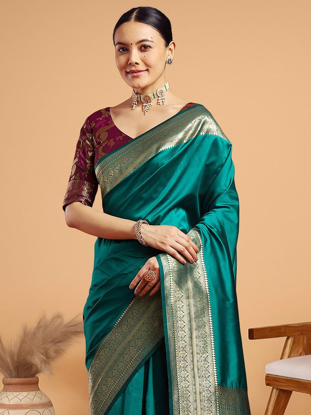 House of Pataudi Zari Woven Border Kanjeevaram Saree - view 1