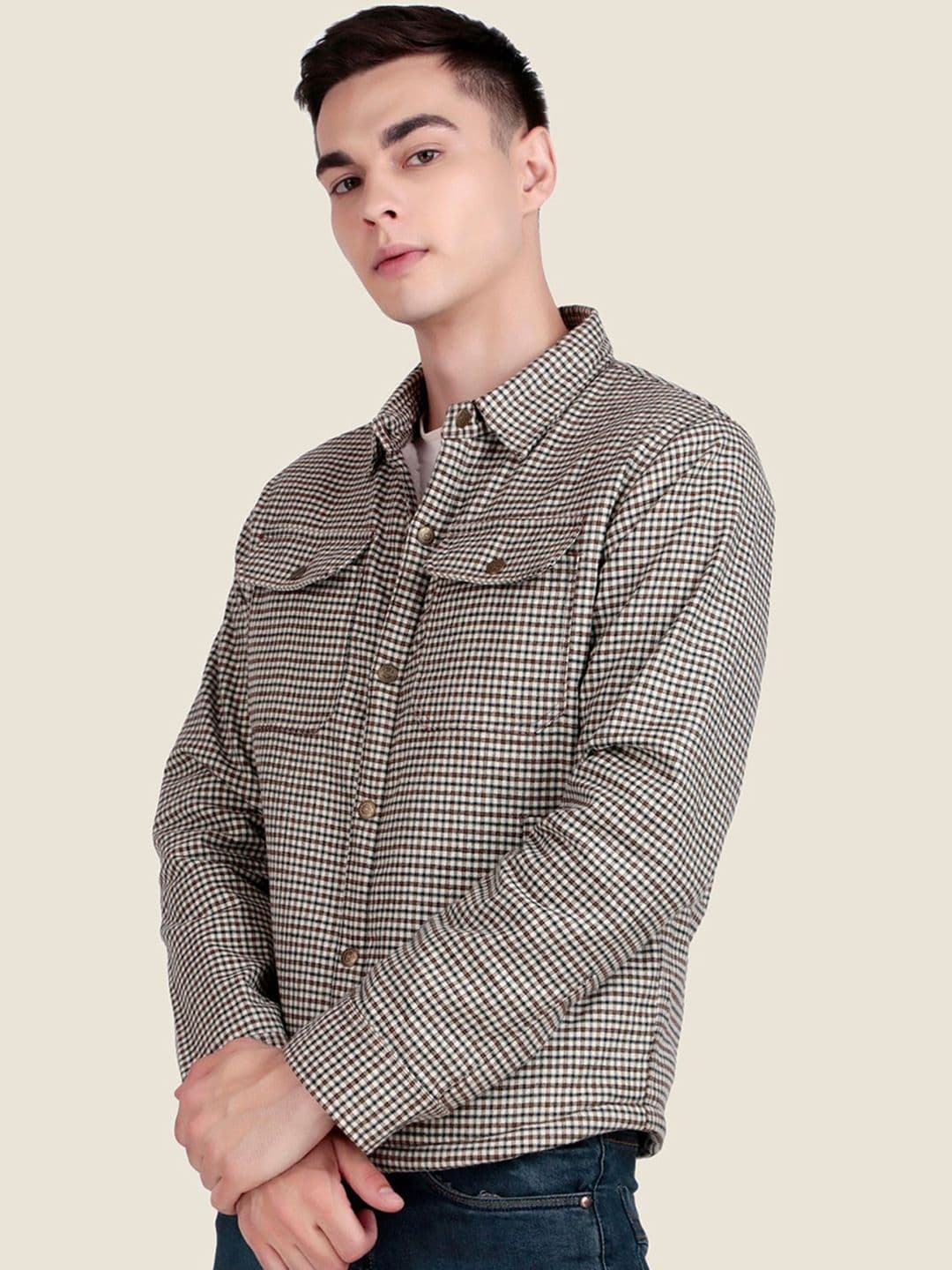 Leather Retail Men Spread Collar Checked Lightweight Tailored Jacket - view 1
